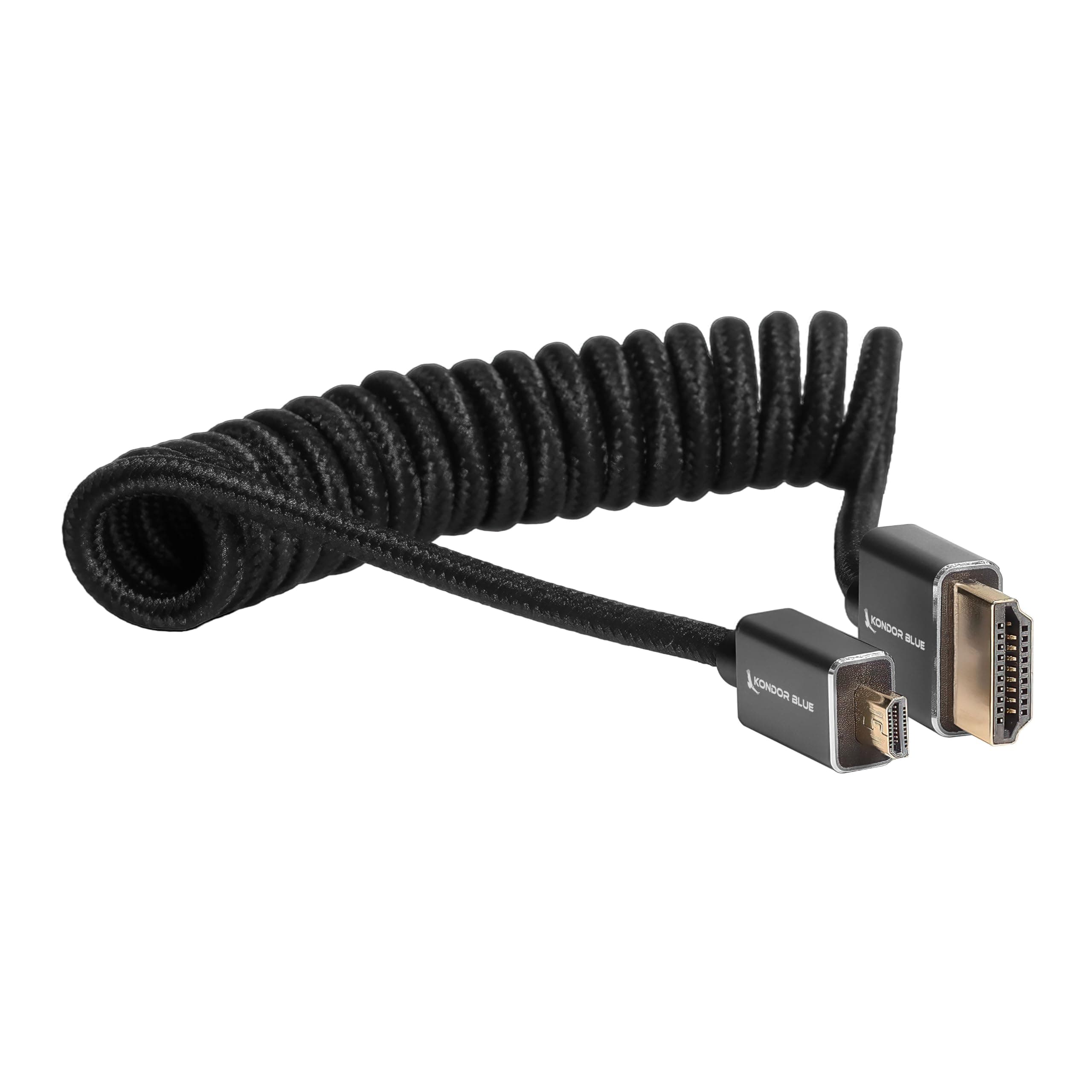 KONDOR BLUE | Micro HDMI (Type D) to Full HDMI (Type A) 2.0 Coiled Cable 12”-24” Braided | 4K 60Hz 18Gbps HDR, 3D, Reinforced | for On-Camera Monitors & Recorders + More | Black