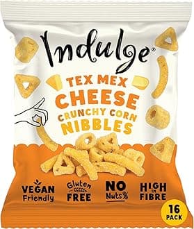 Indulge - Crunchy Corn Nibbles - Tex Mex Cheese Flavour - Gluten Free, Low Salt, Low Fat, Nut Free, Vegan - 20g x 16 bags (20g (Pack of 16), Tex Mex Cheese)