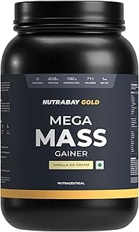 Nutrabay Gold Mega Mass Gainer Powder - 1kg, Vanilla Ice Cream | 100% Veg | 40.8g Protein, 123g Carbs, 711 Calories | Muscle Building & Weight Gainer Supplement for Men & Women