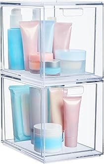 Audrey Stackable Bin Clear Plastic Organizer Drawers | 2 Piece Set | Organize Cosmetics and Beauty Supplies on a Vanity | Made in USA