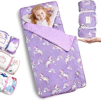 Primlect Thickened Toddler Nap Mat with Removable Pillow and Minky Blanket, Extra Large 55''x35'' Sleeping Bag, Washable, Roll up, Perfect for Daycare, Preschool, Kindergarten, Boys and Girls Purple