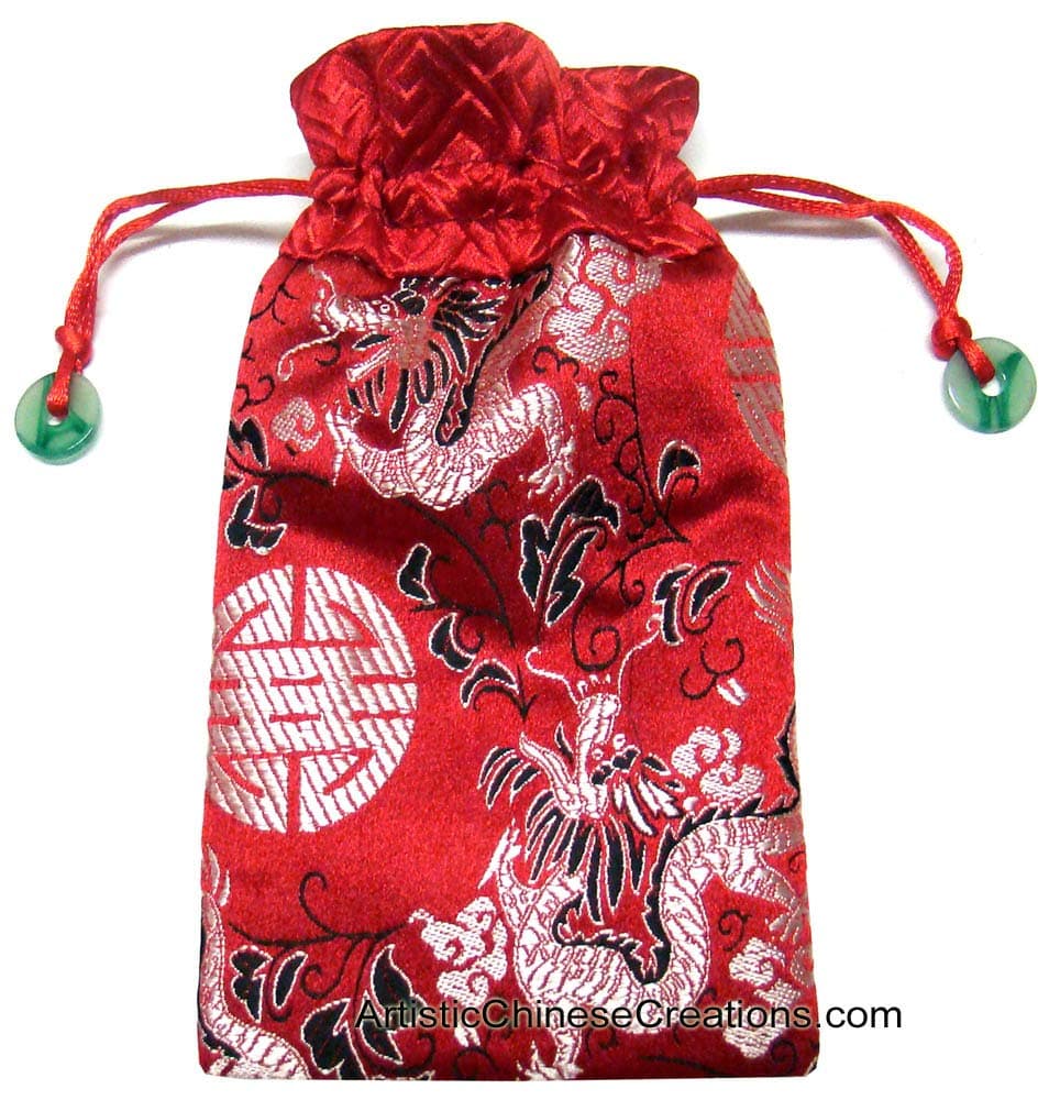 Chinese Silk Draw String Pouch - Dragon & Good Fortune