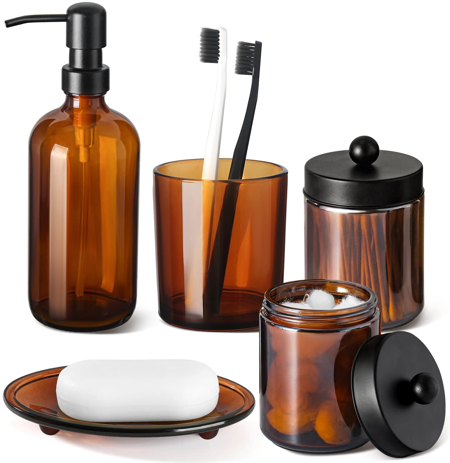 Bathroom Accessories Set, 5 Pack Amber Glass Bath Accessory Sets Complete, Brown Soap Dispenser And Toothbrush Holder Counter Sink Set With Labels, Rustic Modern Vintage Decor