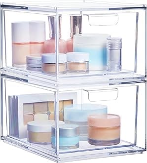 STORi Audrey Stackable Clear Bin Plastic Organizer Drawers | 2 Piece Set | Organize Cosmetics and Beauty Supplies on a Vanity | Made in USA