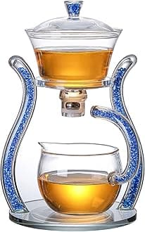 RORA Glass Teapot Set Semi Automatic Drip Rotating with Infuser Lazy Kungfu Tea pot Set (Blue)