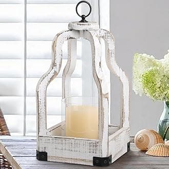 Farmhouse Wood Candle Lanterns Vintage Decorative Candle Holders Rustic Outdoor Lanterns for Wedding Garden, Wash White