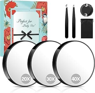 Magnifying Mirror 40X/30X/20X, 3.5 Inch Round Compact Mirror with Suction Cup, 2Ps Stainless Steel Tweezers, Perfect for Makeup, Eyebrows, Beards, Travel
