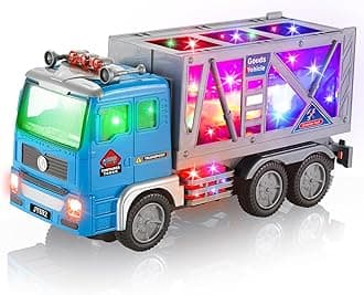 Toy Fire Trucks- Garbage Truck- Construction Excavator Toys- Container Truck Toy Cars for Toddlers Boys 1-3 4-7 Birthday Gifts, Car Toys with 4D Lights & Sounds- Automatic Bump Go Container Trucks