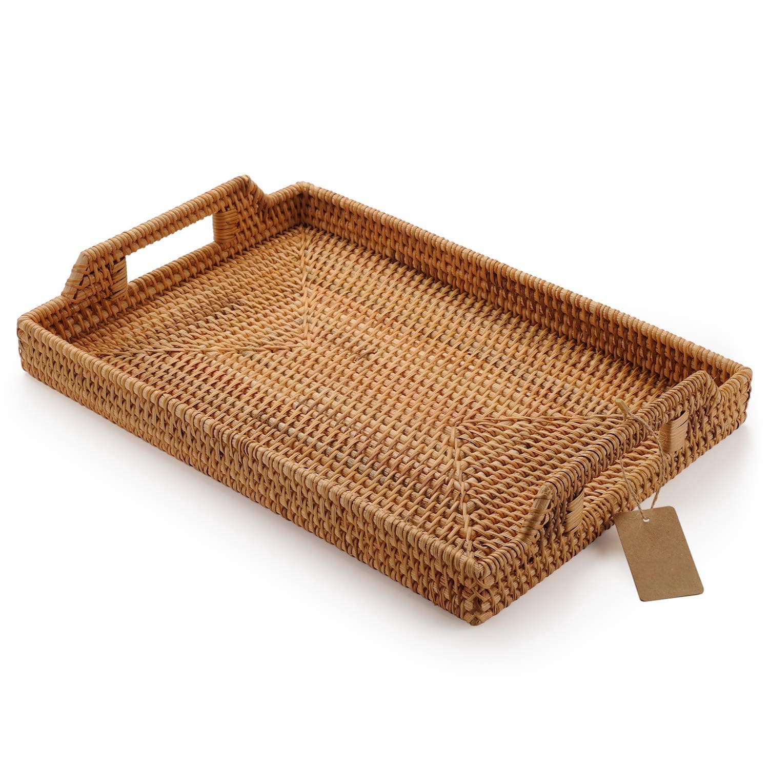 Hand-Woven Rattan Rectangular Serving Tray with Handles for Breakfast, Drinks, Snack for Coffee Table (14.5x10.2x1.4inches)