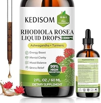 16 in 1 Liposomal Rhodiola Rosea Tincture 2 Fl Oz - Rhodiola Supplement with Ashwagandha, L-Theanine, Turmeric - Rhodiola Rosea Extract Liquid Drops for Energy, Mood, Relaxation