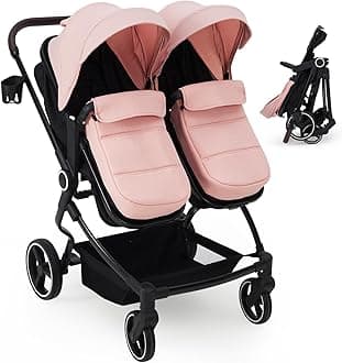 GarveeLife Side by Side Double Stroller for Twins, Lightweight Compact Foldable Baby Travel Stroller with High Landscape Seat, Adjustable Canopy & Recline for Infant and Toddler, Pink