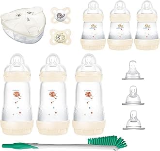 MAM Newborn Essentials Anti-Colic Baby Bottle & Pacifier Set 6 Easy Start Bottles (5oz & 9oz) 8 SkinSoft Nipples (Slow–X-Fast Flow) | Self-Sterilizing, Glow in The Dark Pacifiers & Brush