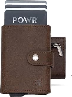 POWR Wallet Metal Cardholder with Coin Compartment. Brown Vegan Leather RFID Card Holder. Minimalist Bifold Wallet