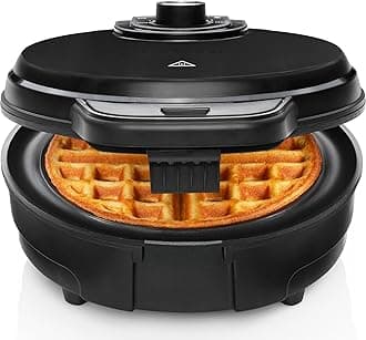Anti-Overflow Belgian Waffle Maker w/Shade Selector, Temperature Control, Mess Free Moat, Round Iron w/Nonstick Plates & Cool Touch Handle, Measuring Cup Included, Black