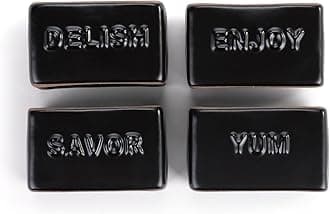 DEMDACO Gather Round Delish Enjoy Savor Yum Classy Black 2 x 1.5 Stoneware Napkin Rings, Set of 4