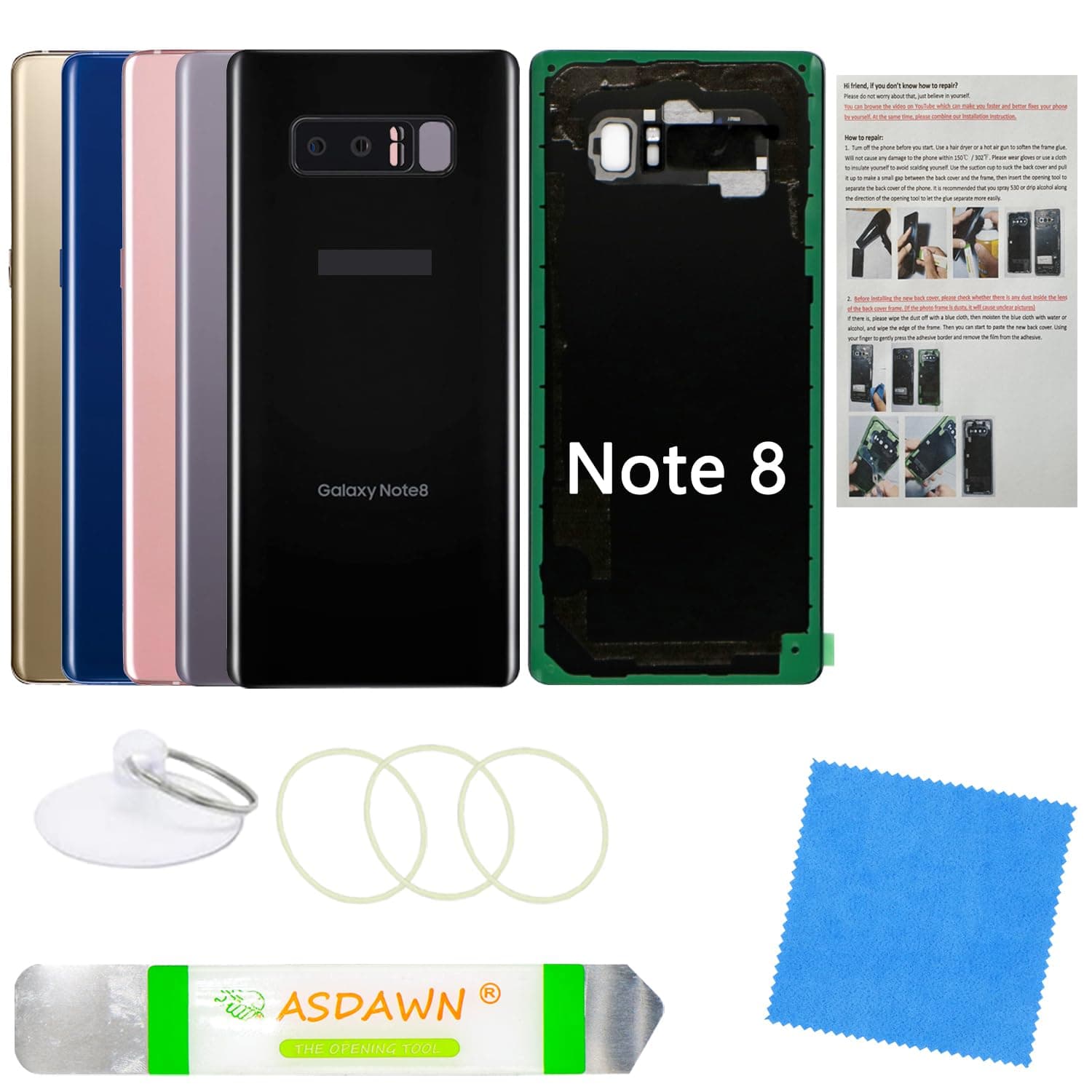 Galaxy Note 8 Back Cover Glass Replacement with Pre-Installed Camera Lens + Installation Manual + Repair Tool Kit for Samsung Galaxy Note 8 SM-N950 All Carriers (Midnight Black)