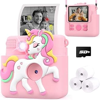 Kids Camera Instant Print with Silicone Cover, Creative Gifts for Girls Age 4-12 Birthday Christmas, 1080P Digital Camera Toy with Memory Card - Pink