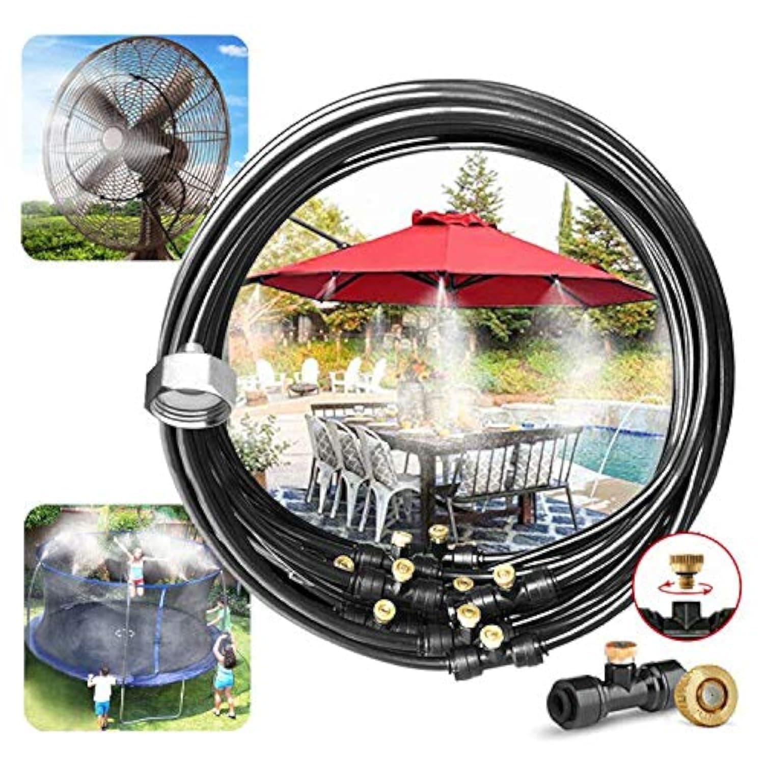 Pre-Assembled Misting Kit, 75FT Misting Line + 27 Brass Mist Nozzles + Brass Adapter(3/4") Outdoor Mister for Patio, Garden, Greenhouse, Trampoline, Sprinkler