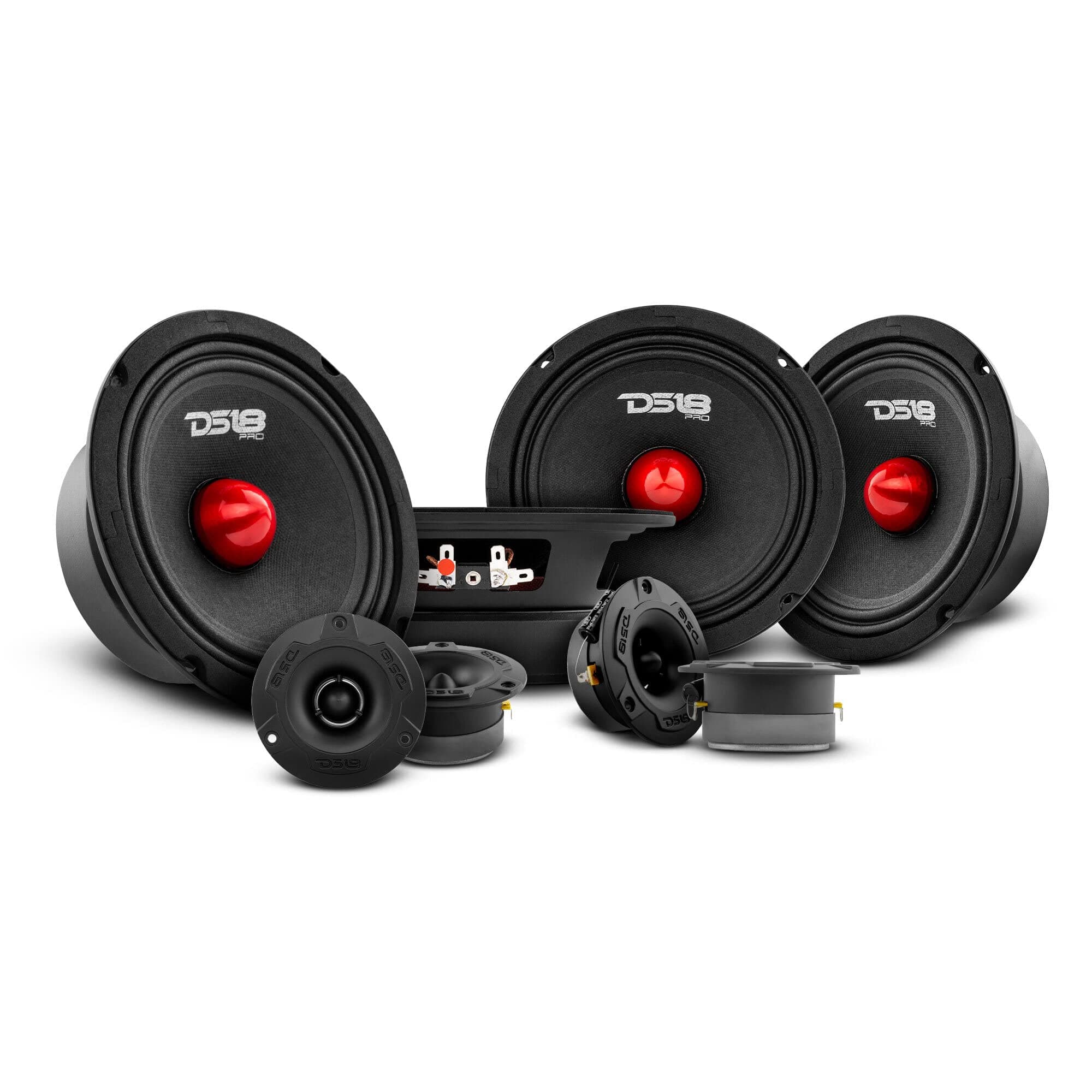 DS18 Bundle Car Speakers 4X PRO-GM6B 6.5" Midrange Speakers and 4X PRO-TWX1/BK Aluminum Super Tweeters - PRO Car Audio Component Package
