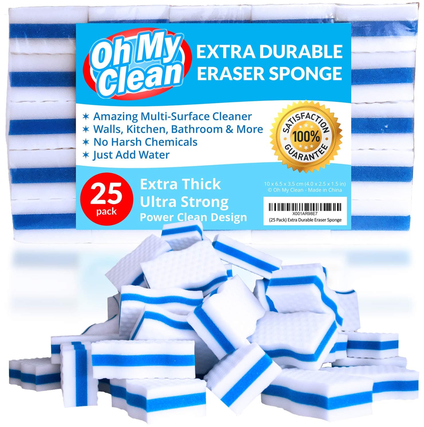 (25 Pack) Extra Durable Eraser Sponge – Extra Thick, Long Lasting Magic Melamine Cleaning Sponges in Bulk – Foam Pads for Walls, Kitchen, Bathroom, Floor & Baseboard Cleaner