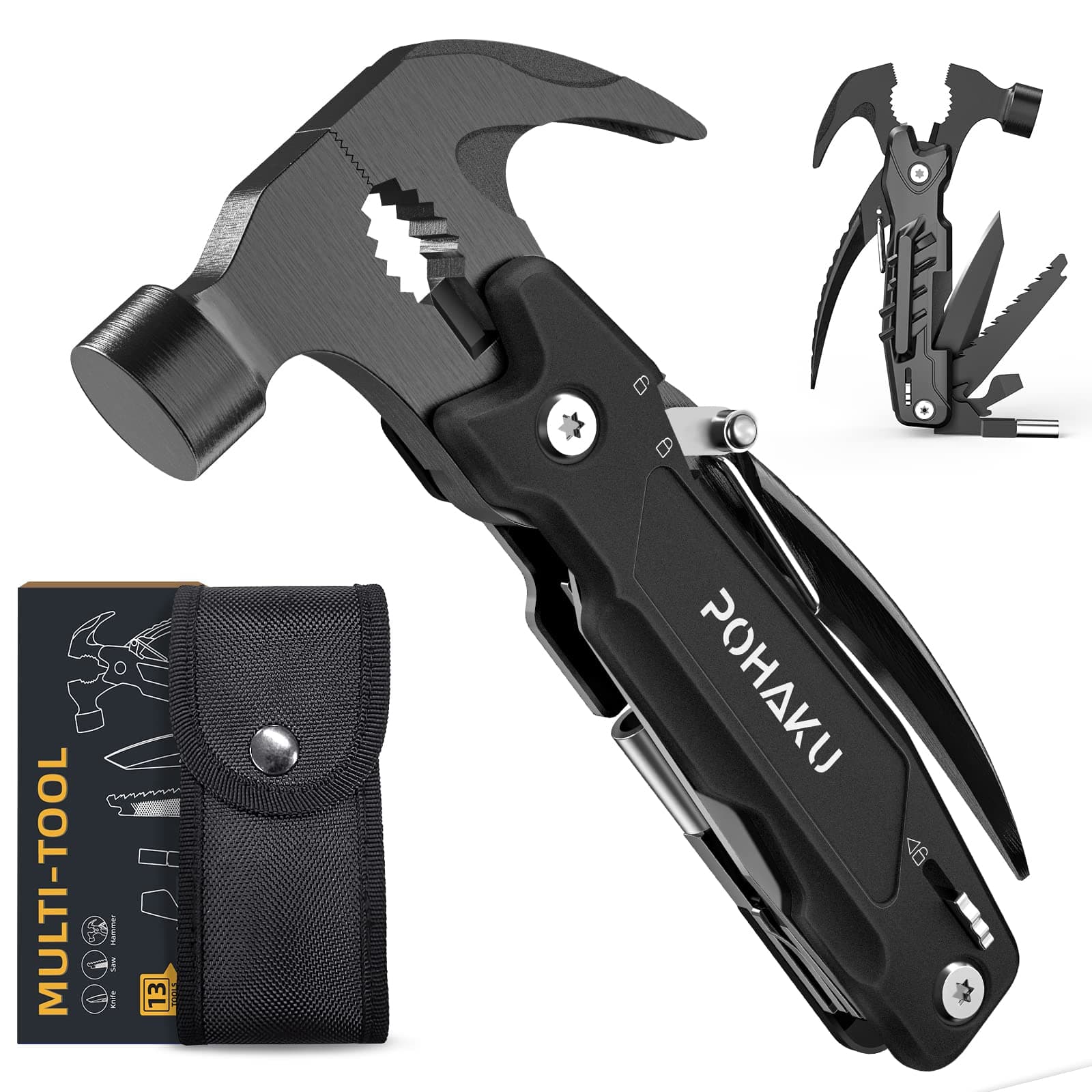 Pohaku 14-in-1 Multitool Hammer, Pohaku Multitool with DIY Stickers, Safety Lock, Screwdriver Bits Set and Durable Nylon Sheath, Multi Tool for Outdoor, Ideal Gifts for Men, Father, Husband, Boyfriend