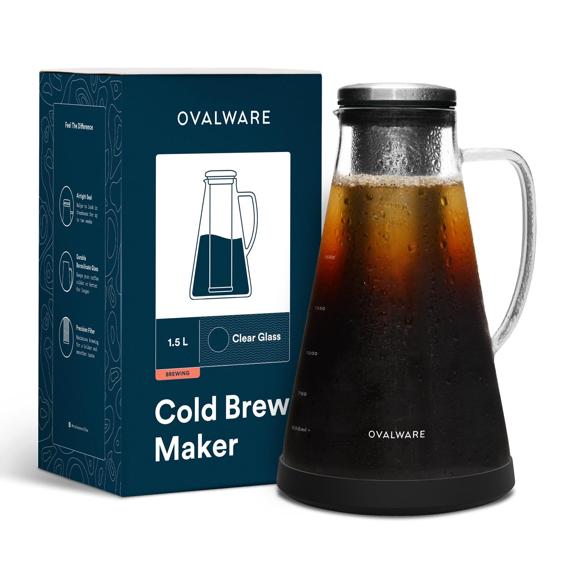 Airtight Cold Brew Iced Coffee Maker (& Iced Tea Maker) with Spout – 1.5L/ 51oz RJ3 Brewing Glass Carafe with Removable Stainless Steel Filter