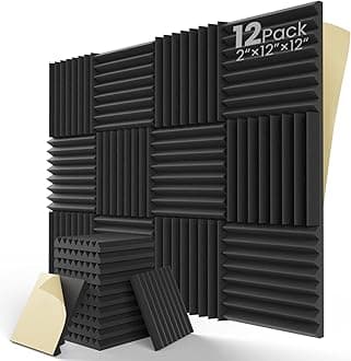 Upgrade 12 pack Sound Proof Foam Panels With Self-Adhesive, 2" X 12" X 12" Quick-Recovery Acoustic Panels, Acoustic Foam Wedges High Density (12pcs, Black)