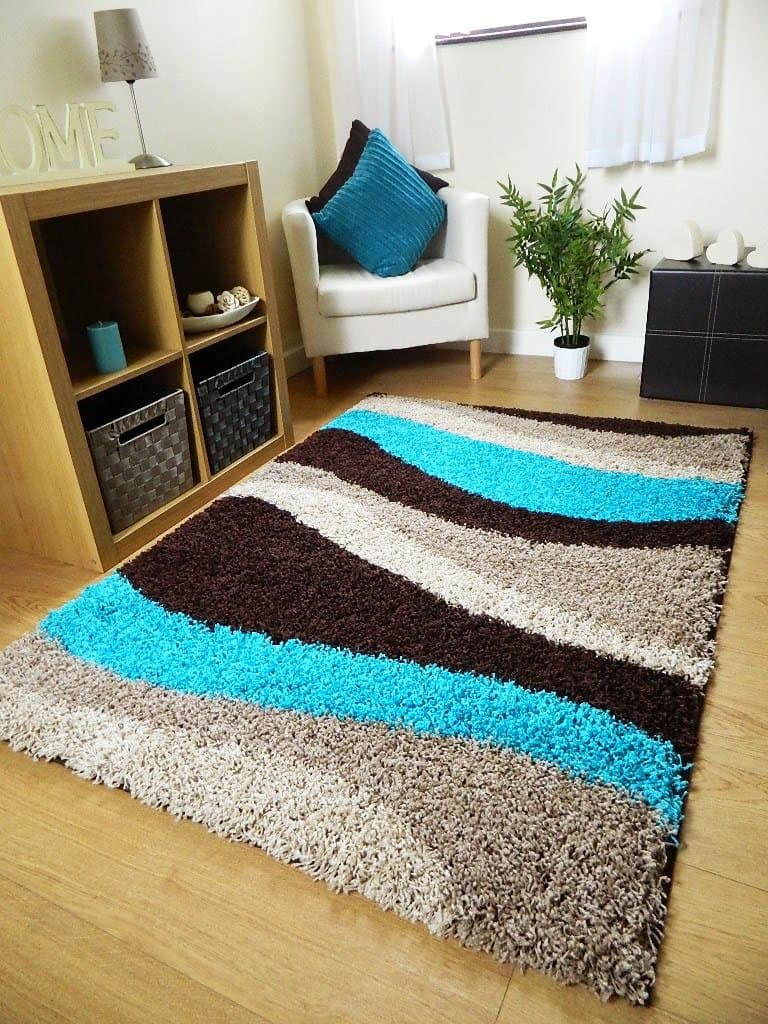 SMALL EXTRA LARGE RUG NEW MODERN SOFT THICK TEAL BLUE BROWN BEIGE WAVES SHAGGY RUG NON SHED SHAG RUNNERS (6 (120 X 170 CM) (66 X 230 CM (RUNNER))