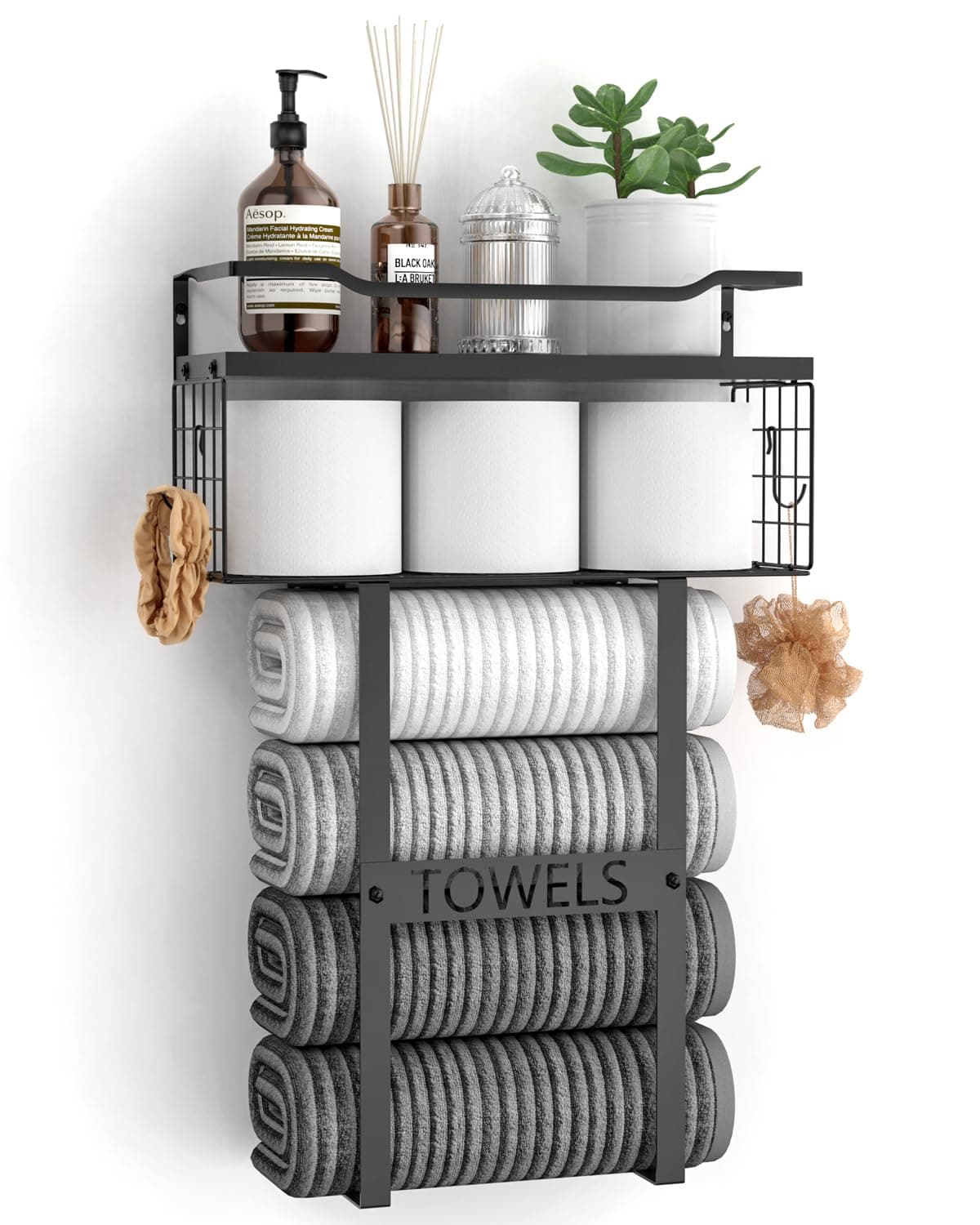 Wall Mounted Towel Rack for Bathroom - Bath Storage Holder Set Above Toilet, Rolled Towel Shelf Organizer, Wood Vertical Rack for Small Bathroom Decor, Black