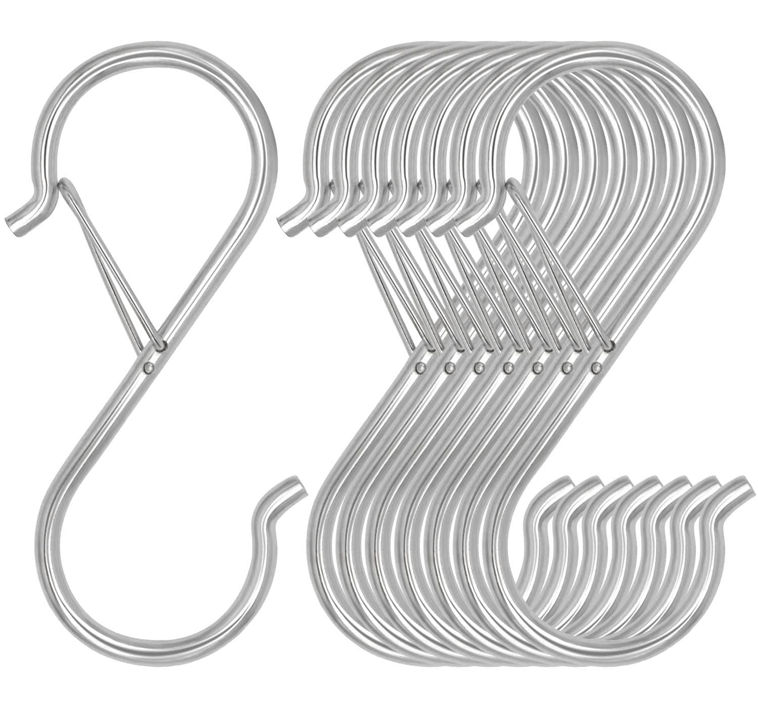 Waitkey 8 Pack S Hooks for Hanging, 3.5 inch Heavy Duty Metal S Hooks with Safety Buckle S Shaped Hooks Pot Rack Closet Hooks for Hanging Plants, Clothes, Kitchen Utensil, Pots, Pans, Bags (Silver)