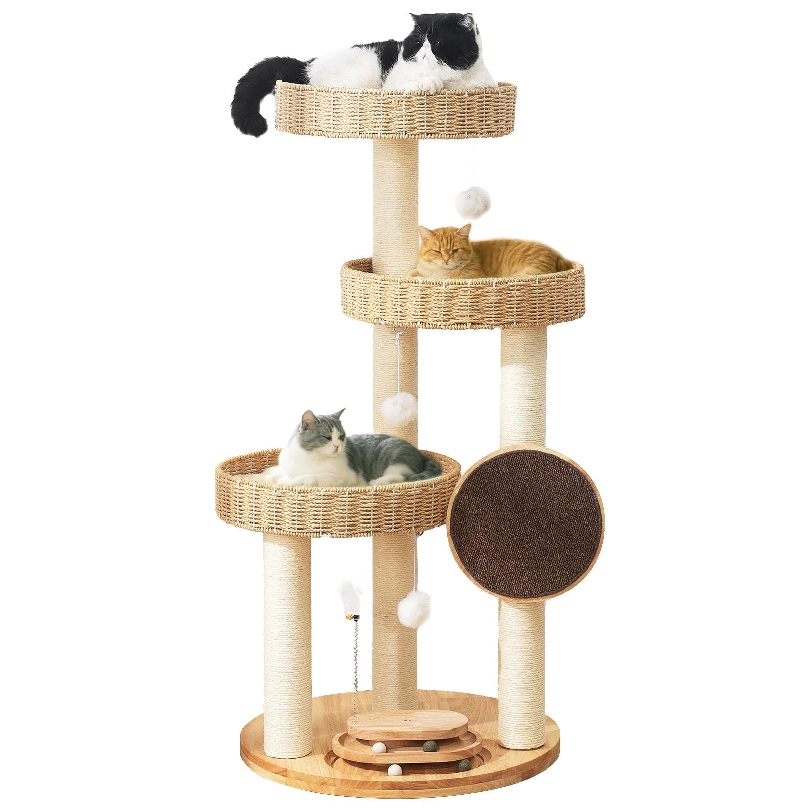 Solid Wood Cat Tree for Large Cats, 48-Inch Modern Cat Tower with Hand-Woven Baskets, Multi-Level Cat Condo with Sisal Scratching Posts, Sturdy Indoor Cat Furniture for Big Cats up to 20lbs