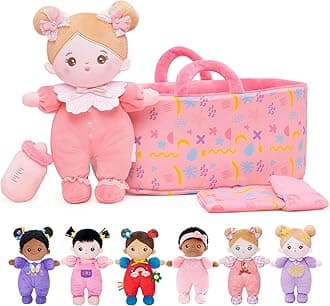 OUOZZZ Pink Soft Baby Doll with Carrying Case and Doll Accessories, 25cm Rattle Rag Dolls for Girls - Birthday for Girls