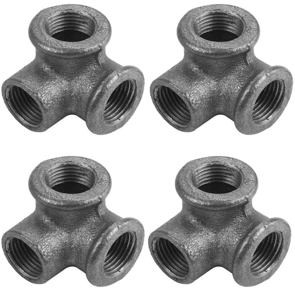 4 Pack Black 3 Way Corner Pipe Fitting Malleable Iron DN15 1/2 Inch, Tee Fitting Side Outlet Elbow - Threaded Pipe Nipples For DIY Decor Or Industrial Vintage Style