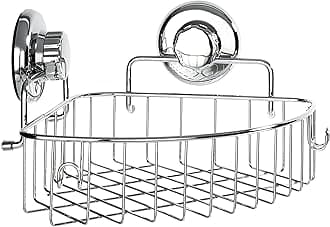 Corner Shower Caddy with Suction Cups and 3M Adhesive Mounting Discs for porous surfaces - Stainless Steel Basket for Bathroom Storage (Chrome)