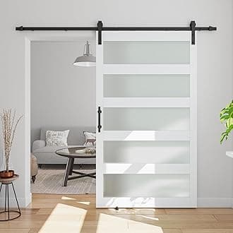42in x 84in 5-Panel Sliding Glass Barn Door with 7ft Hardware Kit Included, Easy Assembly with Pre-Drilled Holes, Waterproof, Frosted Glass for Bathroom-Fit Max Opening 40in x 82in, White