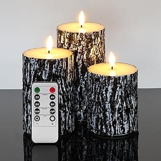 Eywamage Black Pine Bark Flameless LED Candles with Remote, Farmhouse Flickering Wood Pillar Candles Set of 3