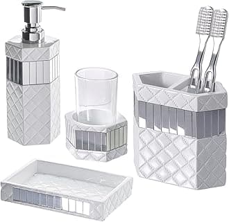 Creative Scents Quilted Mirror White Bathroom Accessories Set - Decorative 4 Piece Bathroom Set - Mirrored Bathroom Accessory Set Includes: Soap Dispenser, Toothbrush Holder, Tumbler & Soap Dish