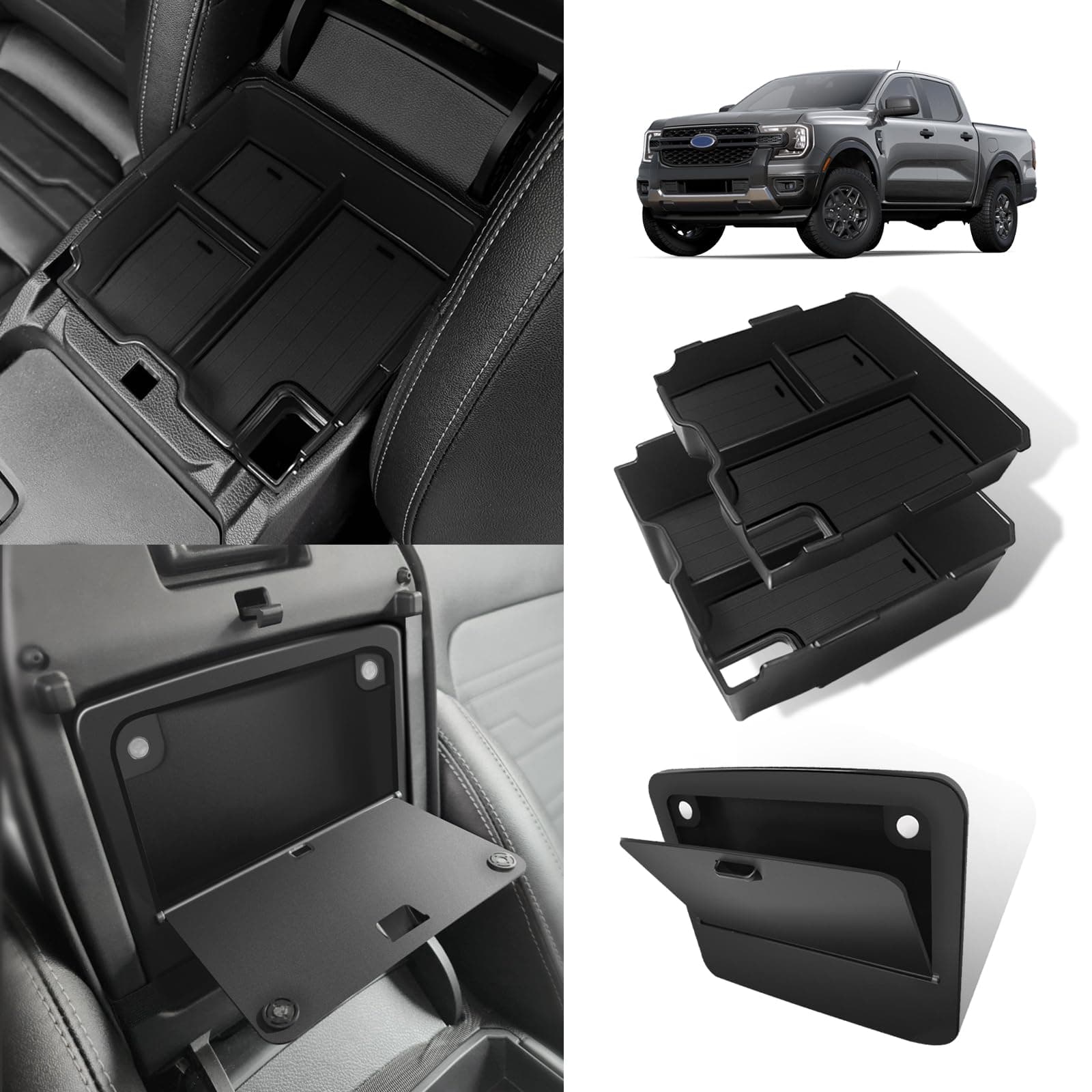 Muslogy Center Console Organizer Two-Layer & Hidden Box Magnet Opening Design Compatible with Ford Ranger 2024 2025 2026 & Raptor Accessories Secret Organizer Insert Tray Divider Storage Box