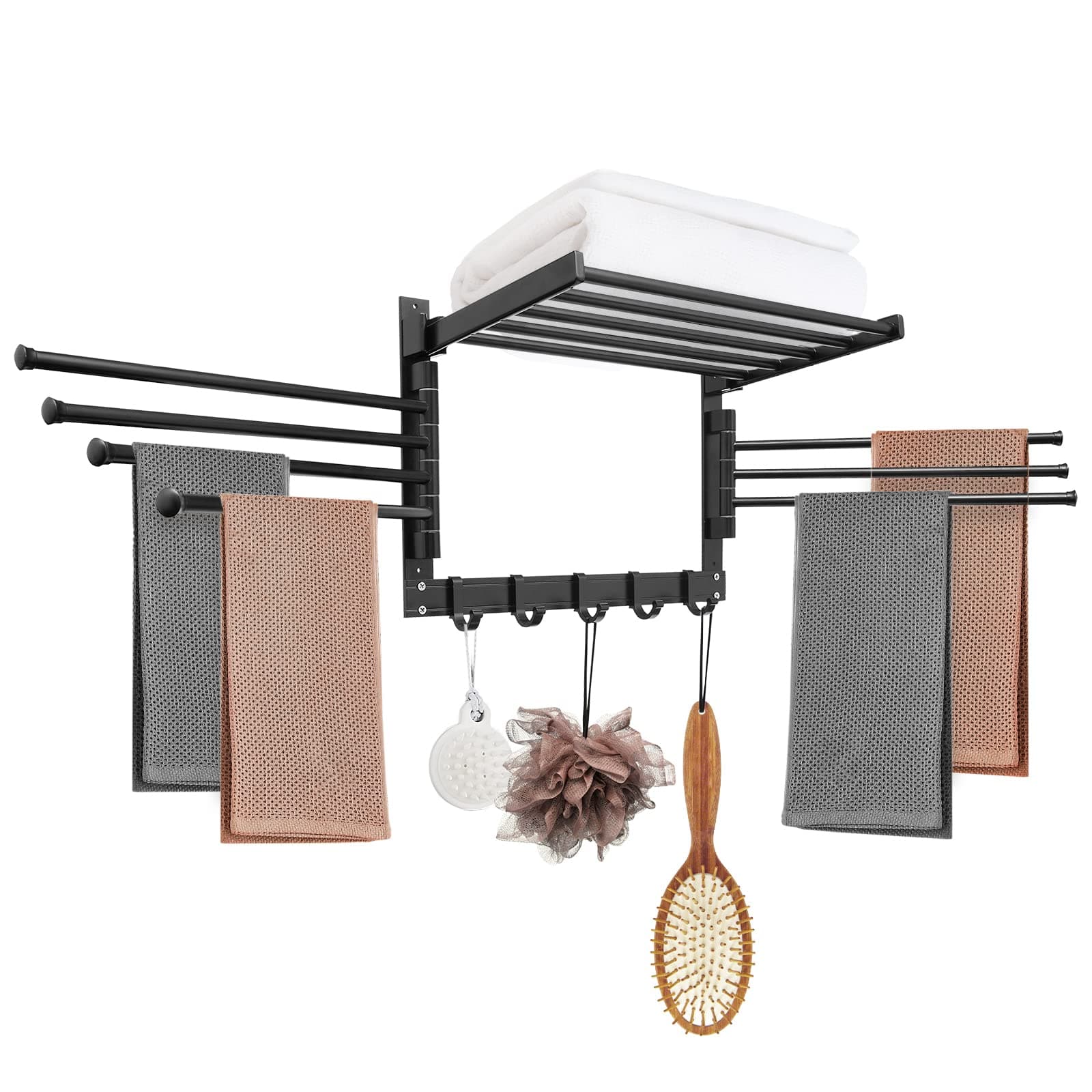 Clothes Drying Rack Wall Mounted, Laundry Drying Rack Clothing, Drying Racks for Laundry with Swivel Towel Arms and Hanging Hooks, Space Organization for Laundry Room, Bathroom, Aluminum