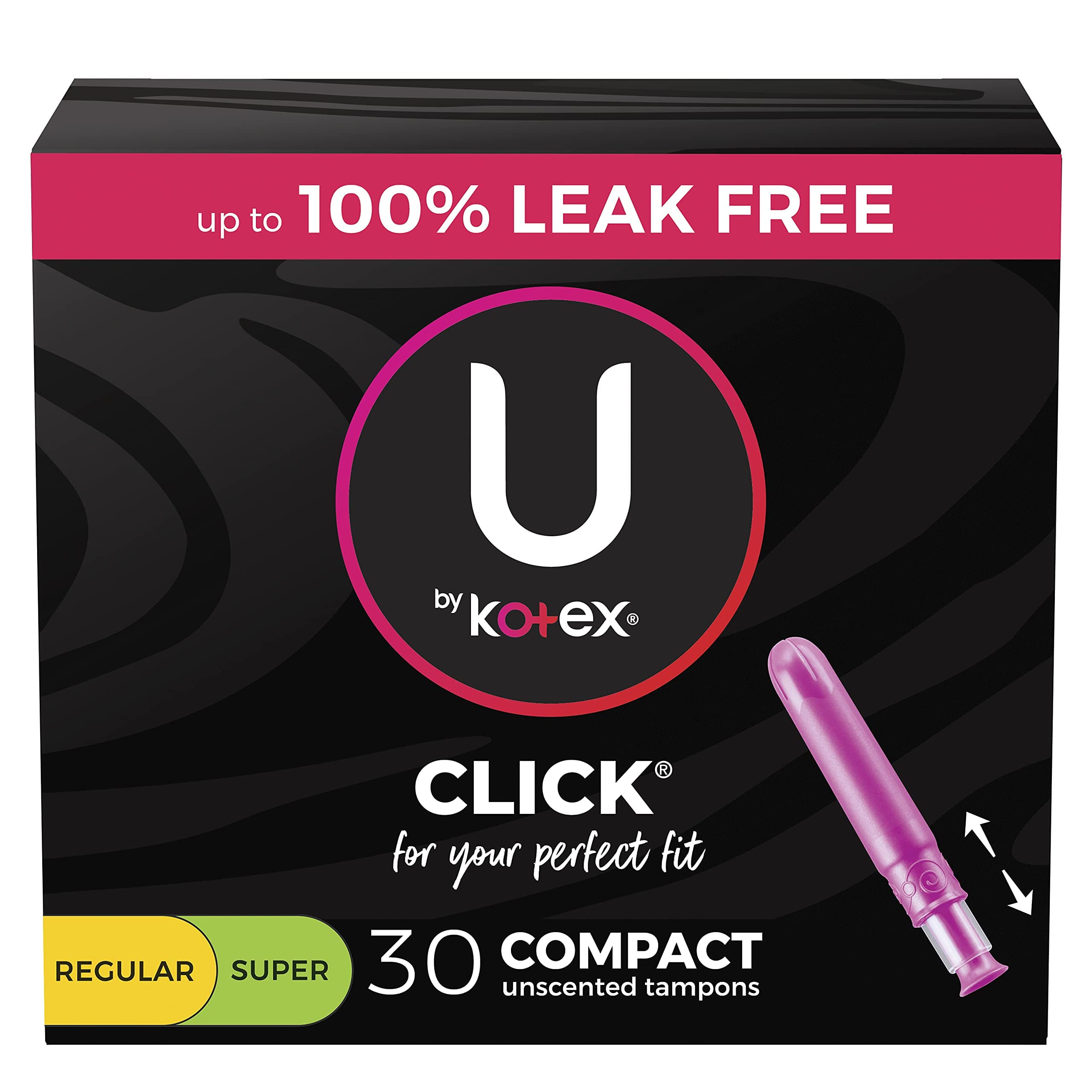 U By Kotex Click Compact Tampons, Multipack, Regular/Super Absorbency, Unscented, 30Count (Packaging May Vary), 0.380 Lb