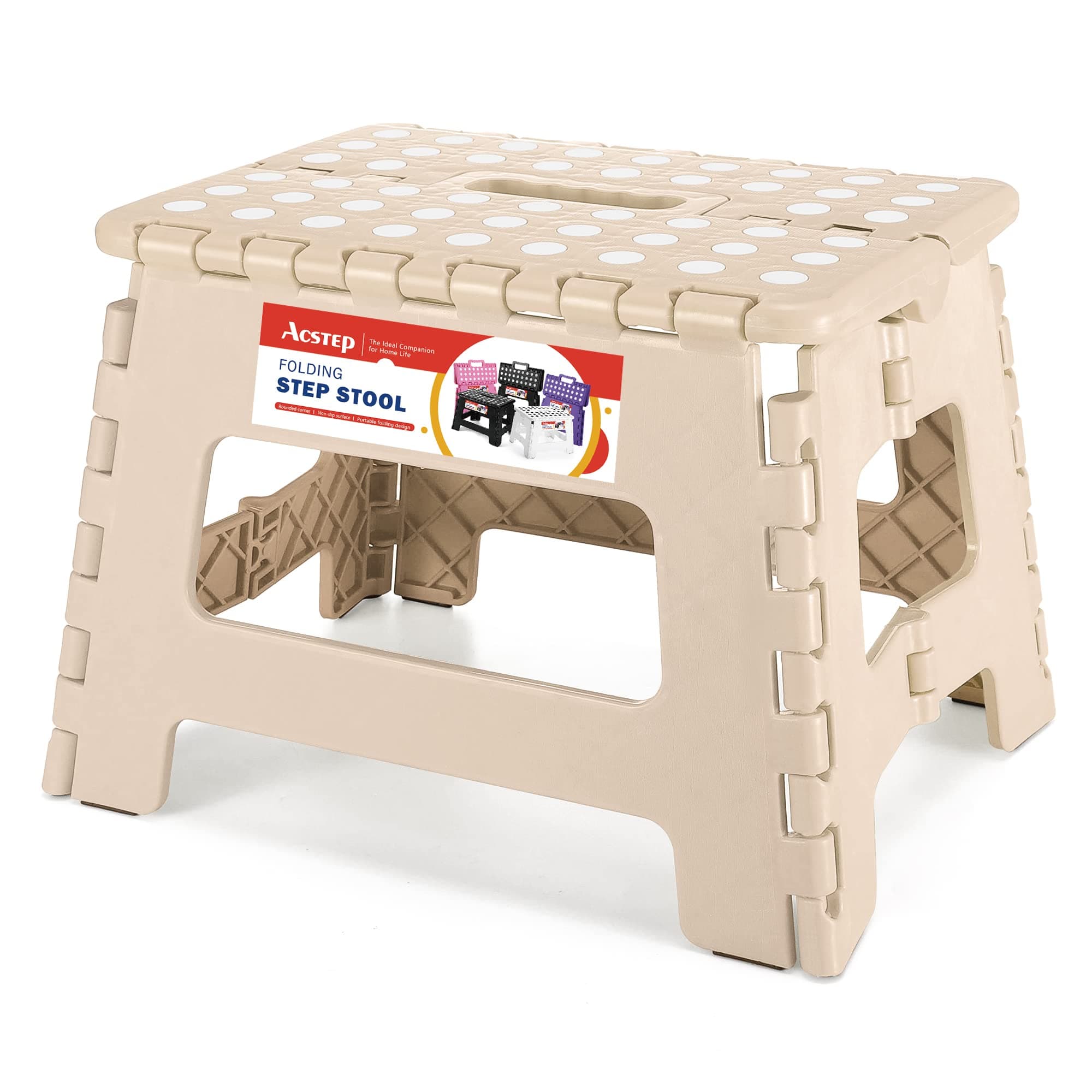 ACSTEP Folding Step Stool Lightweight Plastic Step Stool 9 Inch Foldable Step Stools Non Slip Folding Stools for Kitchen Bathroom Bedroom Khaki
