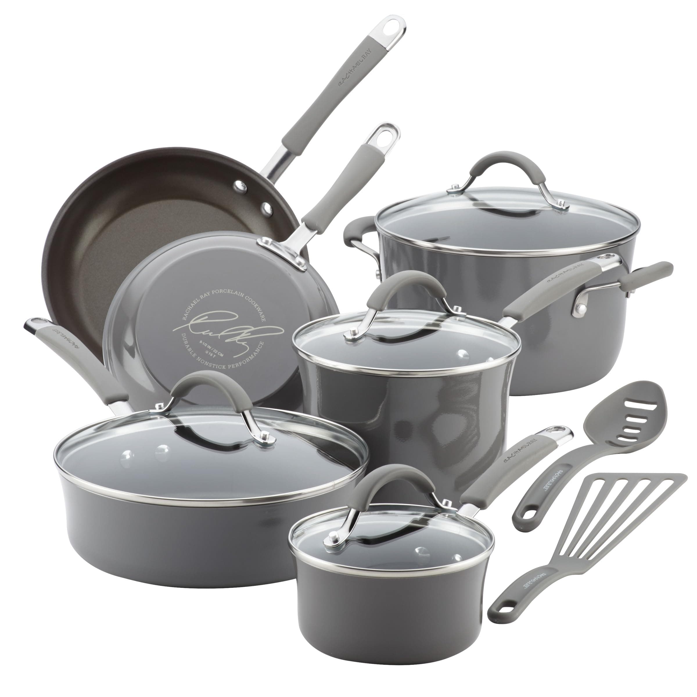 Rachael Ray Kitchen Teflon Processing Cookware Pot and Pan Set. 12 Piece Sea Salt Grey