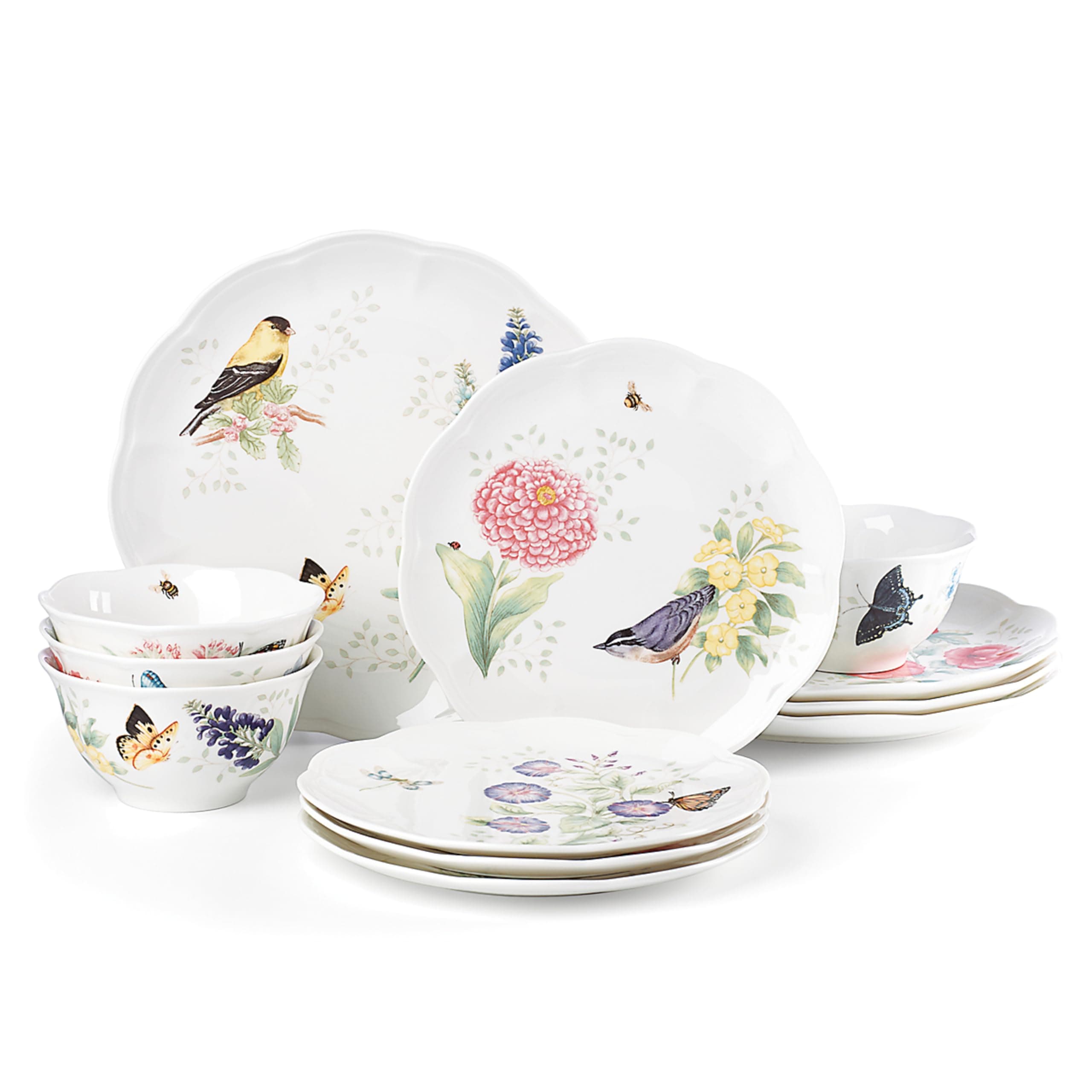 Lenox Dinnerware Set, Butterfly Meadow Flutter 12-Piece Set, Service For 4, Elegant White Porcelain, Dishwasher Safe, Chip Resistant, Plates And Bowls Sets, Home and Kitchen (Assorted, 12 Pieces)