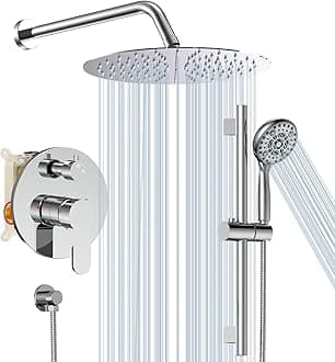 SR SUN RISE Shower System, 3-Function Round Shower Faucet with Adjustable Shower Slide Bar and 6-Settings Handheld Shower Head, 12 Inch Wall Mounted Shower Set with Valve for Bathroom, Polished Chrome
