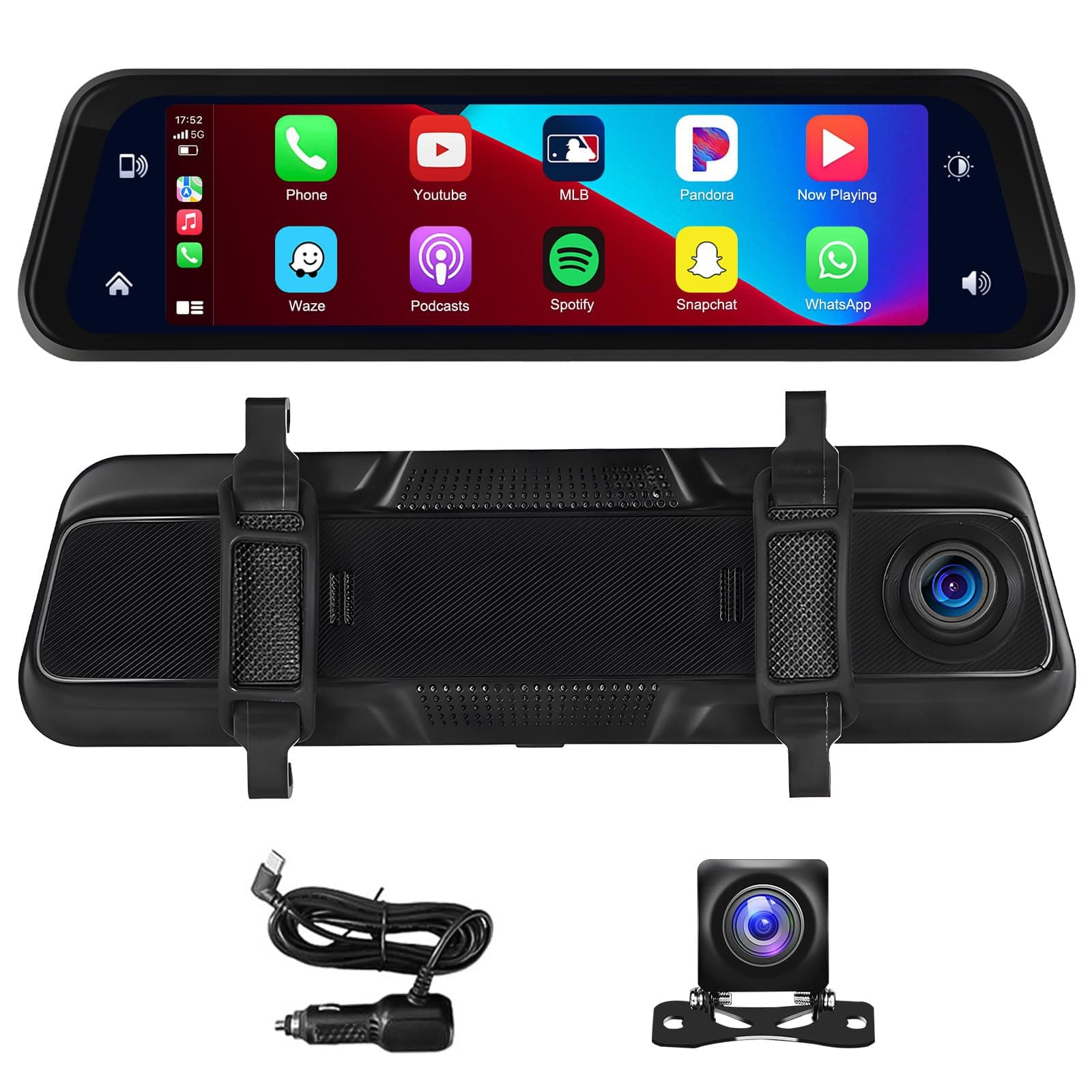 2.5K Rear View Mirror Dash Cam Backup Camera,in-Mirror Smart 9.66 Inch IPS Touch Screen Front&Rear Mirror Camera,Car Players Wireless CarPlay&Android Auto for Cars Trucks,Parking Monitoring,64GB Card