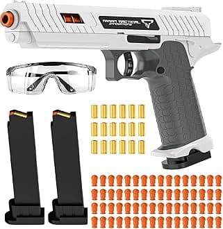 Moonmen Soft Bullet Toy Guns for Boys, Automatic Reloading Shell Ejecting Toy Gun with 120 Bullets and 2 Magazines, Education Model Toy Gun Pistol Shooting Game for Kids (White 2011)