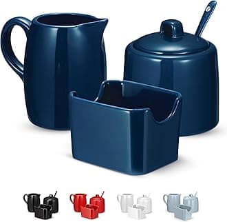 Sugar and Creamer Set, 3 Piece, Pitcher, Sugar Bowl with Lid and Spoon, Sweetener Holder (Navy)