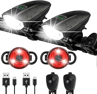 Bike Lights Set with Horn 1400LM USB Rechargeable Bicycle Headlight & Tail Light & Horn Waterproof 3 Lighting Modes Fits Bicycles for Road and Mountain