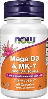 NOW Foods Supplements, Mega D-3 & MK-7 with Vitamins D-3 & K-2, 5,000 IU/180 mcg, Bone & Cardiovascular Support*, 60 Veg Capsules