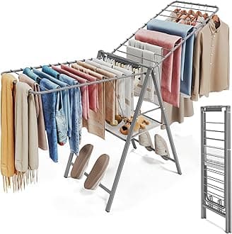- Clothes Drying Rack Foldable, Metal Laundry Drying Rack Collapsible, Portable Compact Clothes Rack for Sweater Baby Clothes Towel Indoor & Outdoor, Height Adjustable Clothes Airer, Grey